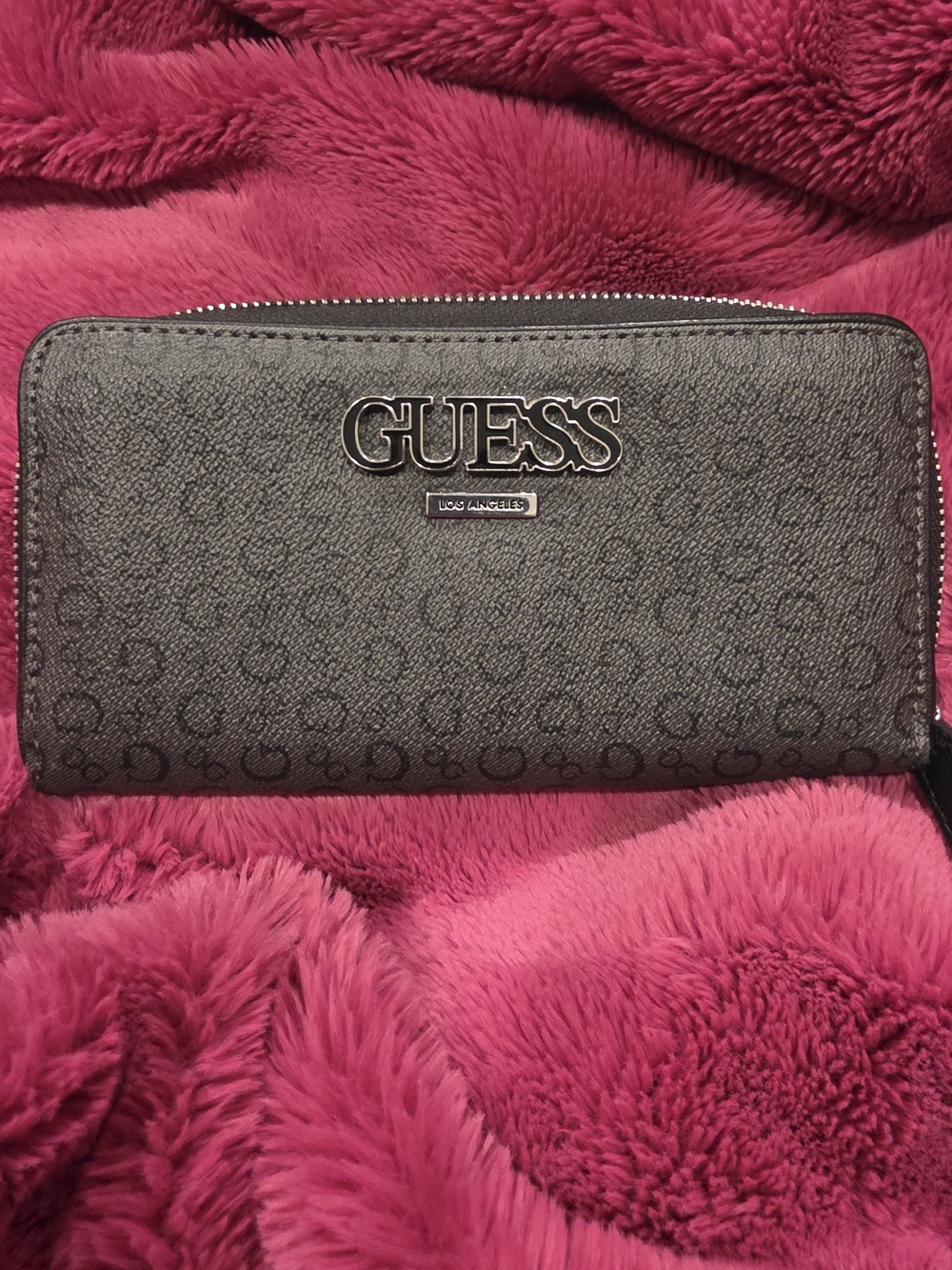 Guess Black Monogram Zip-Around Wallet with Silver Logo